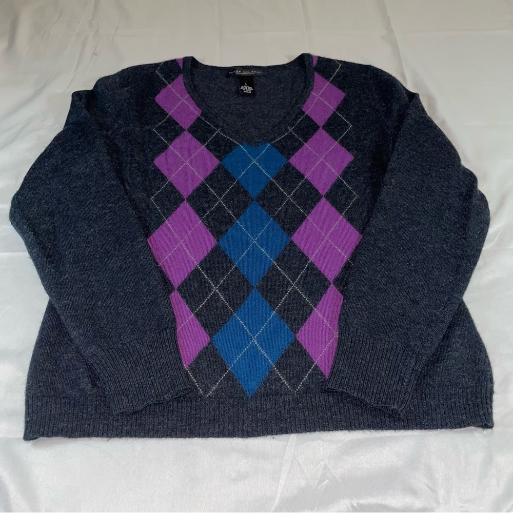 Elena Solano 100% Extra Fine Merino Wool Argyle V-Neck Sweater Grey Purple L